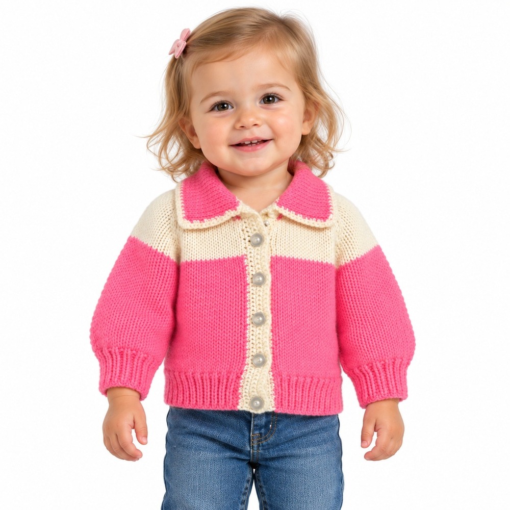 Vintage Handmade Knit Cardigan Kids 12-18M Pink White Colorblock Sweater